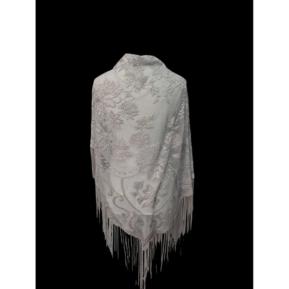 Silver Grey Floral Lace Shawl Fringe Wrap Victorian Rose Evening Scarf 62x31